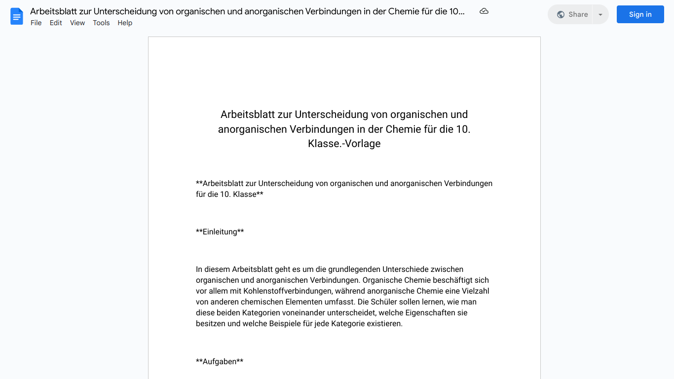 Arbeitsblatt zur Unterscheidung von organischen und anorganischen Verbindungen in der Chemie für die 10. Klasse.-Vorlage