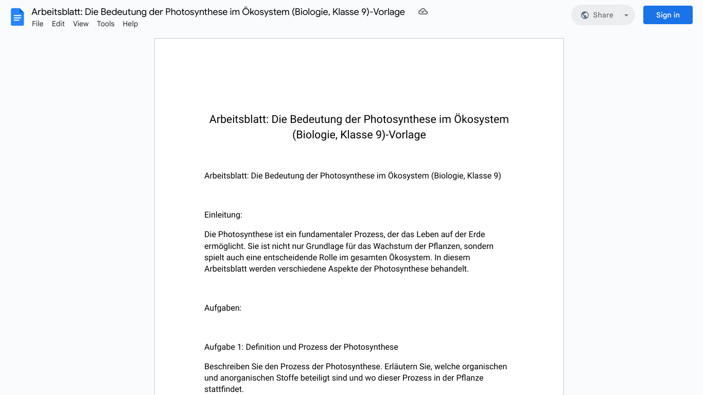 Arbeitsblatt: Die Bedeutung der Photosynthese im Ökosystem (Biologie, Klasse 9)-Vorlage