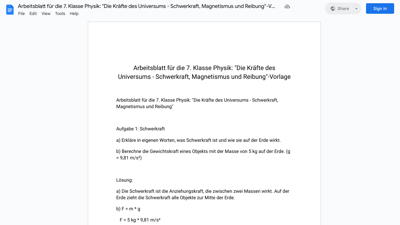 Arbeitsblatt für die 7. Klasse Physik: "Die Kräfte des Universums - Schwerkraft, Magnetismus und Reibung"-Vorlage