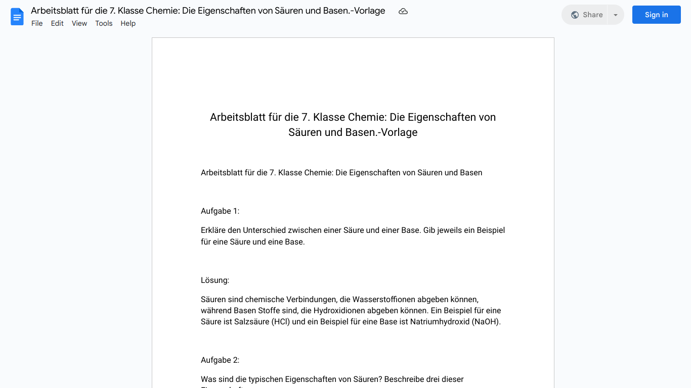 Arbeitsblatt für die 7. Klasse Chemie: Die Eigenschaften von Säuren und Basen.-Vorlage