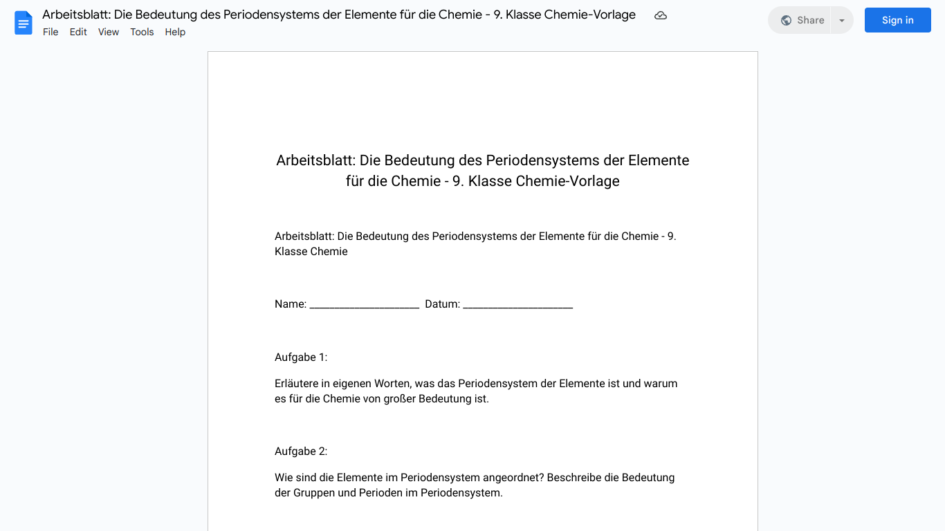 Arbeitsblatt: Die Bedeutung des Periodensystems der Elemente für die Chemie - 9. Klasse Chemie-Vorlage