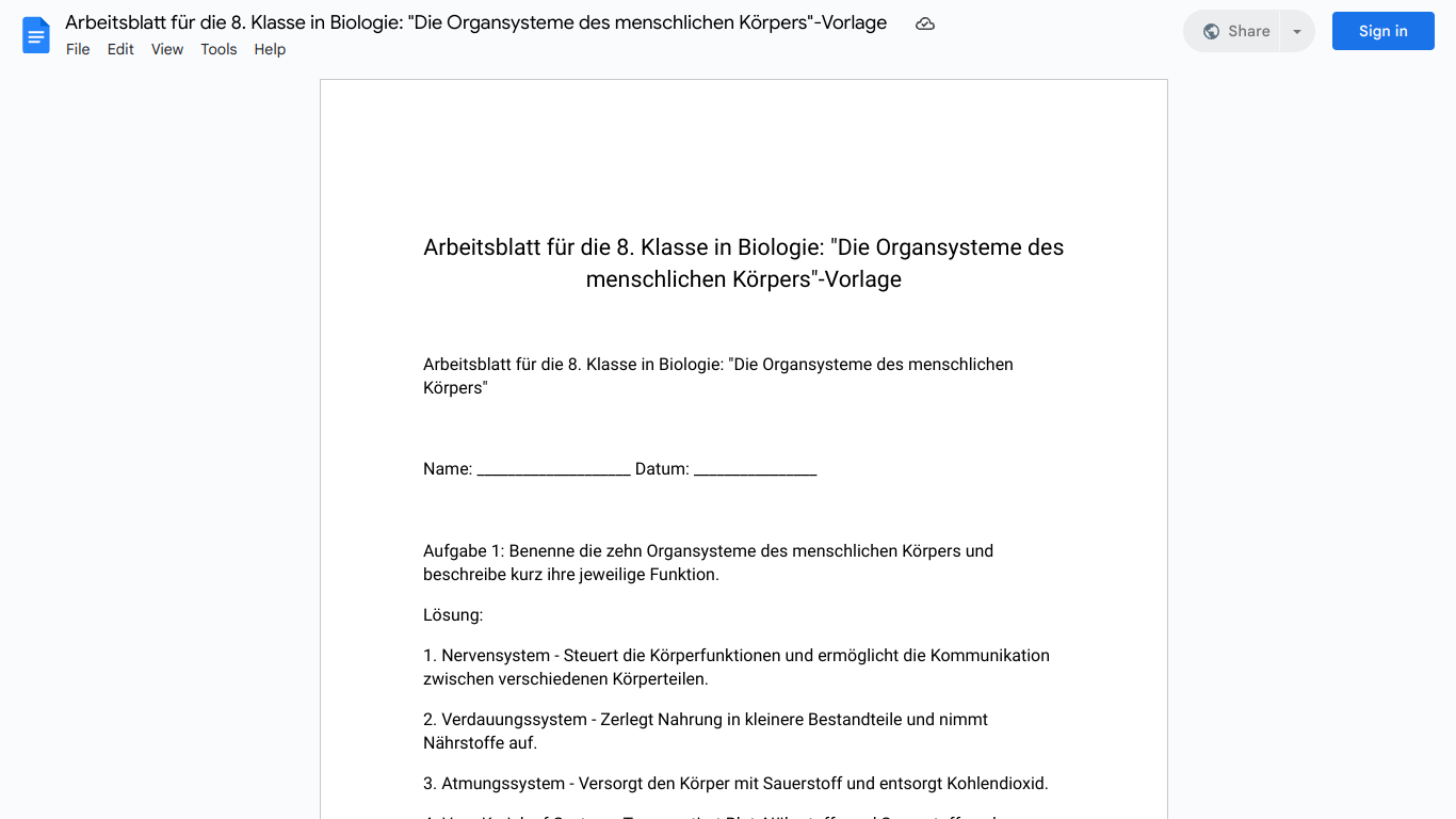 Arbeitsblatt für die 8. Klasse in Biologie: "Die Organsysteme des menschlichen Körpers"-Vorlage