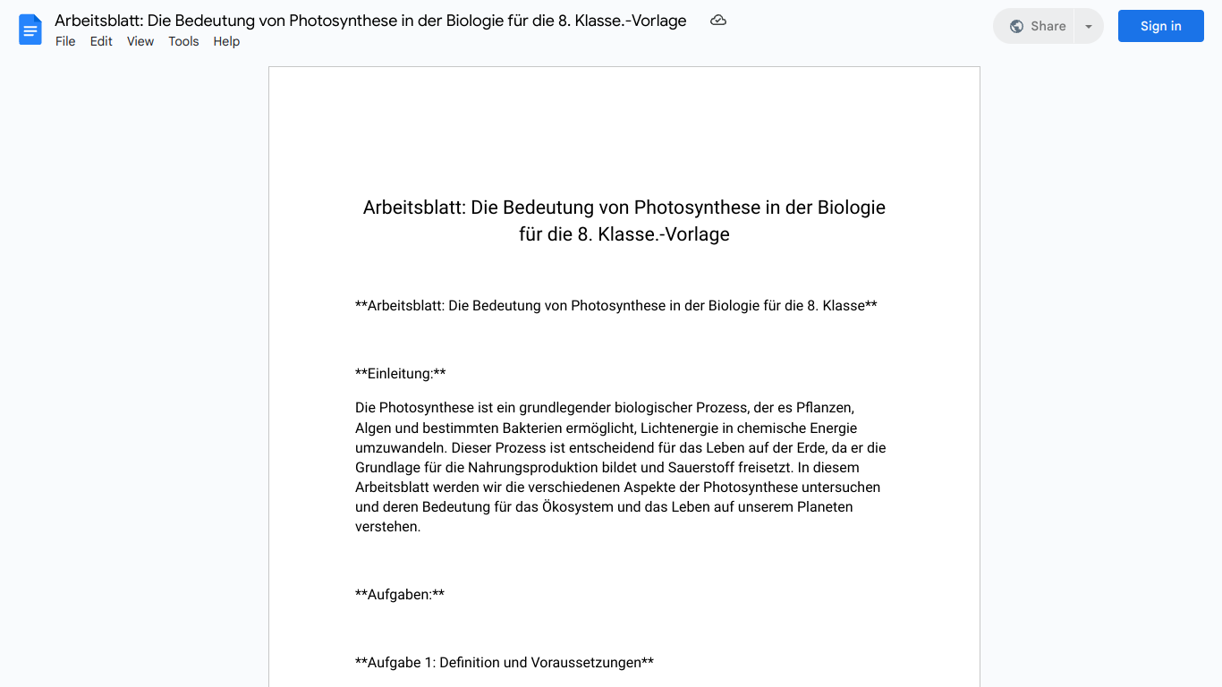 Arbeitsblatt: Die Bedeutung von Photosynthese in der Biologie für die 8. Klasse.-Vorlage