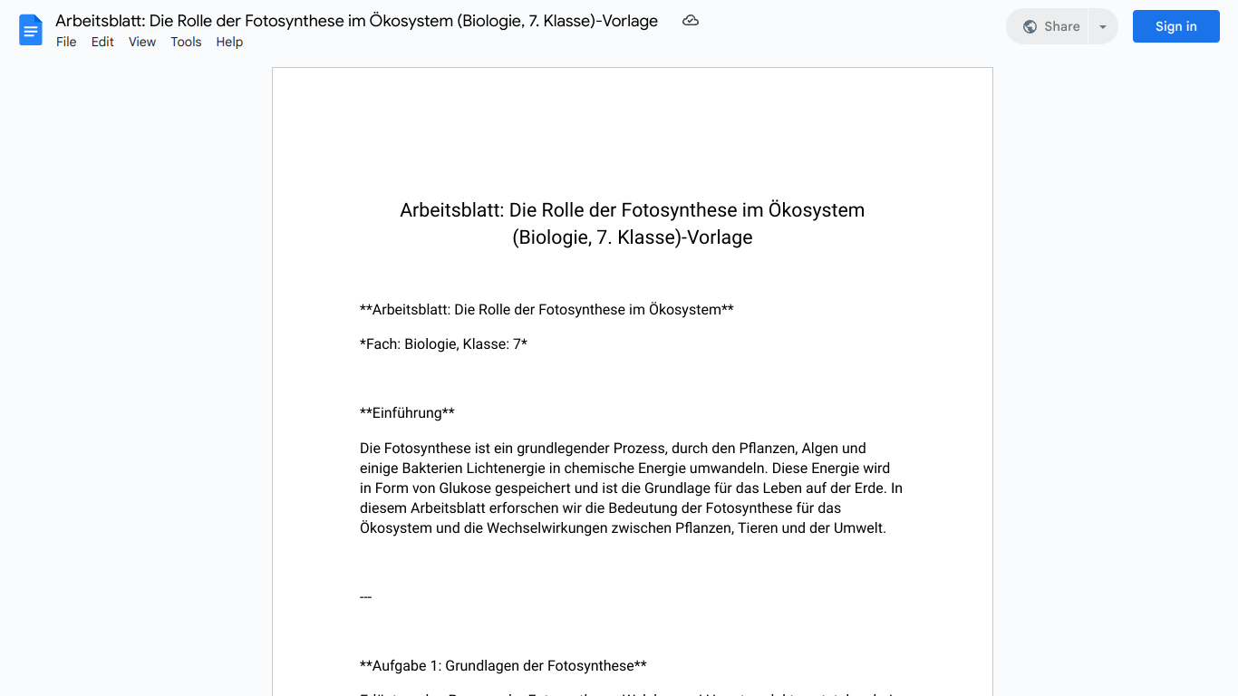 Arbeitsblatt: Die Rolle der Fotosynthese im Ökosystem (Biologie, 7. Klasse)-Vorlage