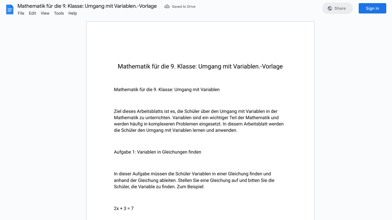 Mathematik für die 9. Klasse: Umgang mit Variablen.-Vorlage