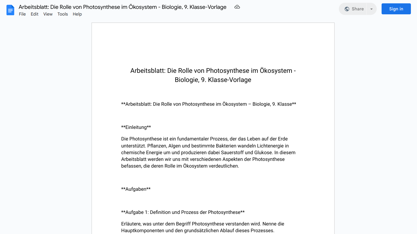 Arbeitsblatt: Die Rolle von Photosynthese im Ökosystem - Biologie, 9. Klasse-Vorlage