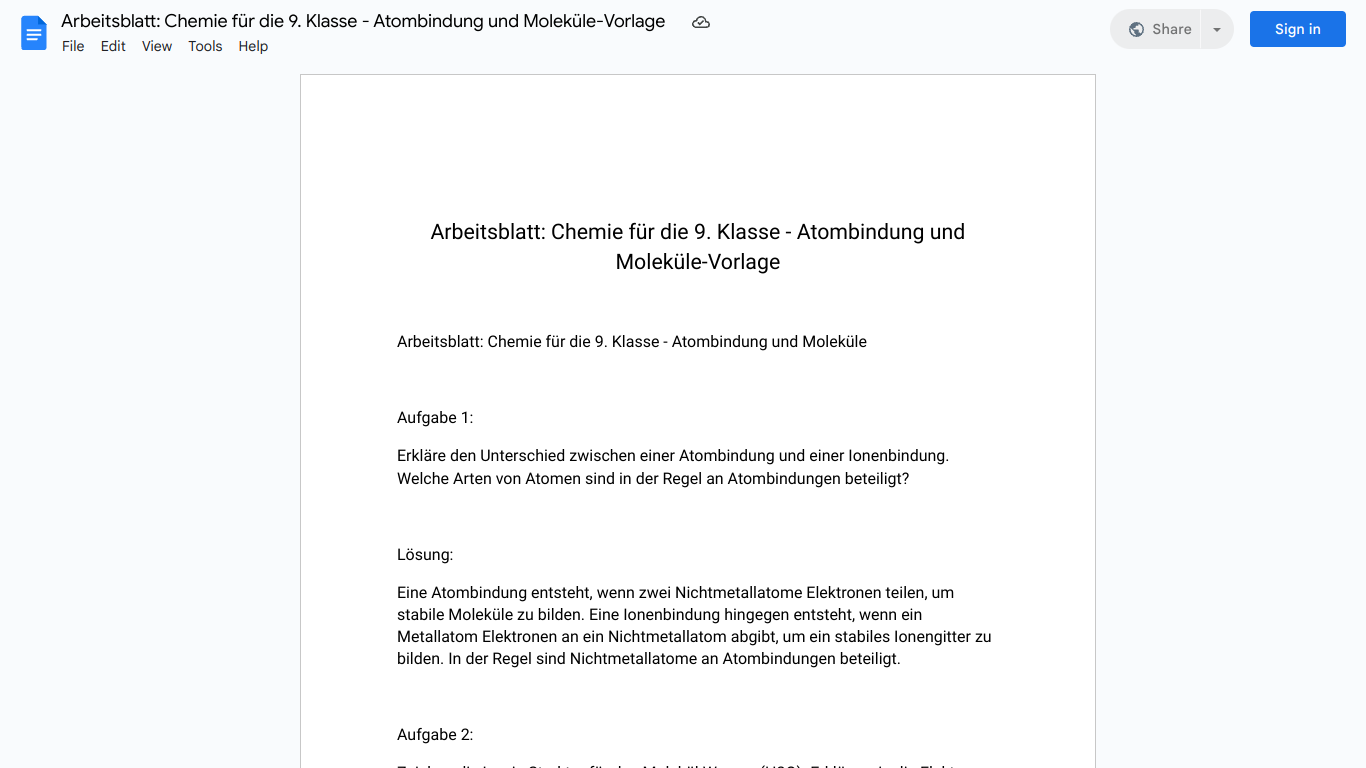 Arbeitsblatt: Chemie für die 9. Klasse - Atombindung und Moleküle-Vorlage