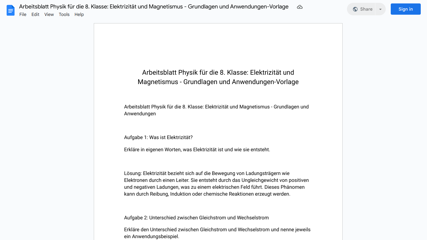 Arbeitsblatt Physik für die 8. Klasse: Elektrizität und Magnetismus - Grundlagen und Anwendungen-Vorlage