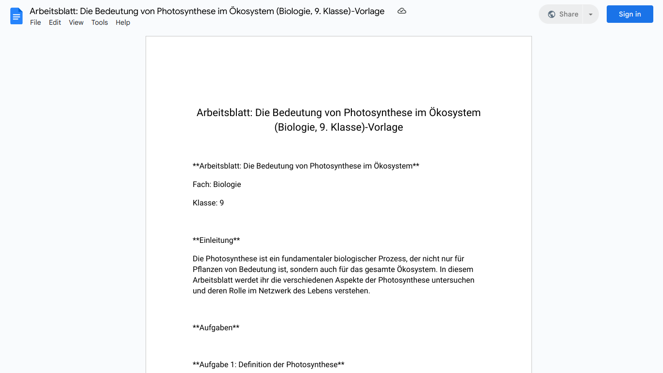 Arbeitsblatt: Die Bedeutung von Photosynthese im Ökosystem (Biologie, 9. Klasse)-Vorlage