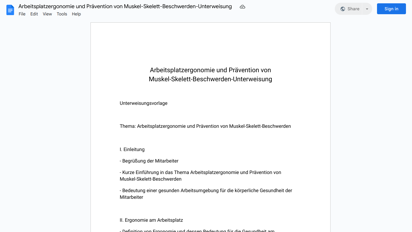 Arbeitsplatzergonomie und Prävention von Muskel-Skelett-Beschwerden-Unterweisung