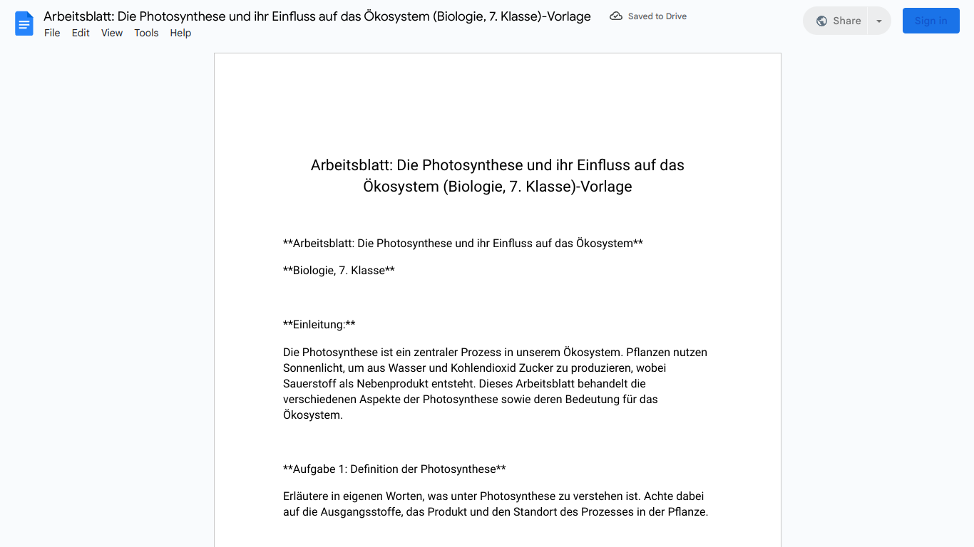 Arbeitsblatt: Die Photosynthese und ihr Einfluss auf das Ökosystem (Biologie, 7. Klasse)-Vorlage