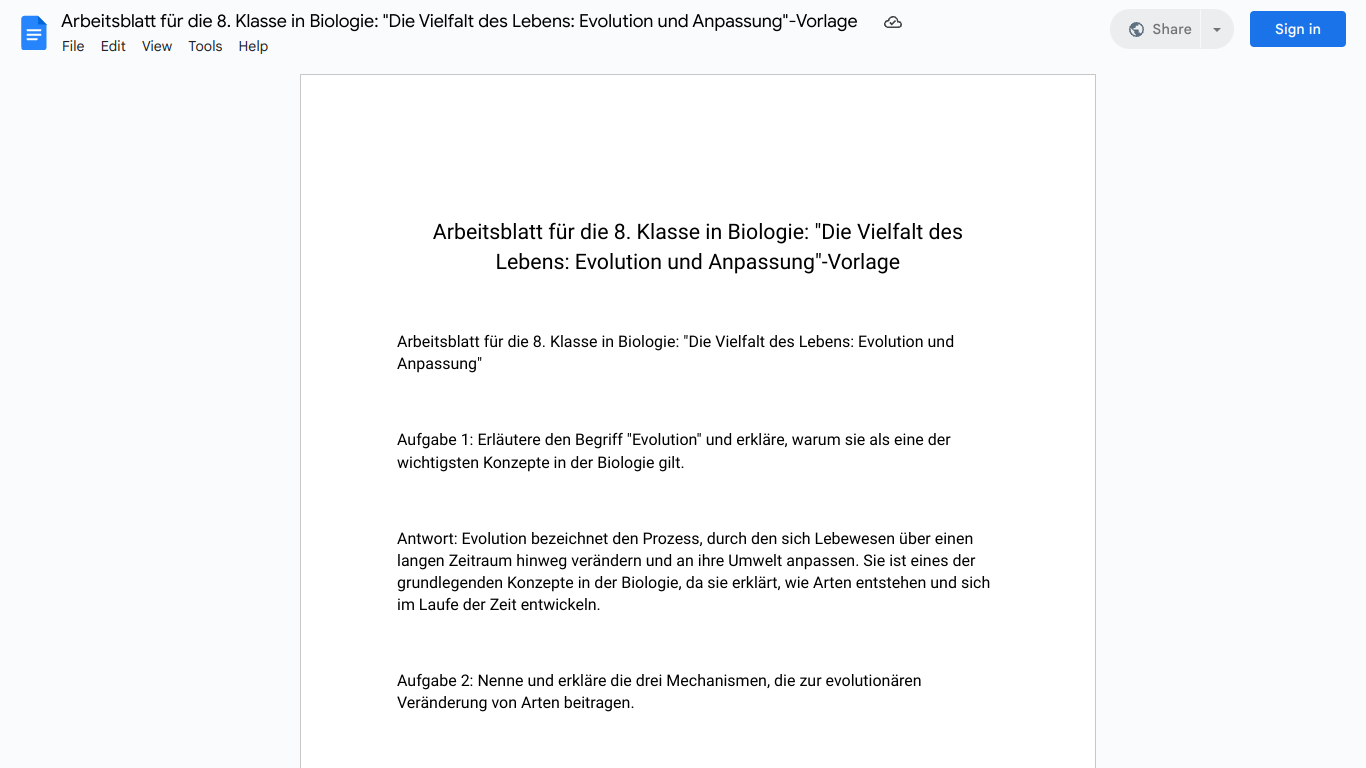 Arbeitsblatt für die 8. Klasse in Biologie: "Die Vielfalt des Lebens: Evolution und Anpassung"-Vorlage