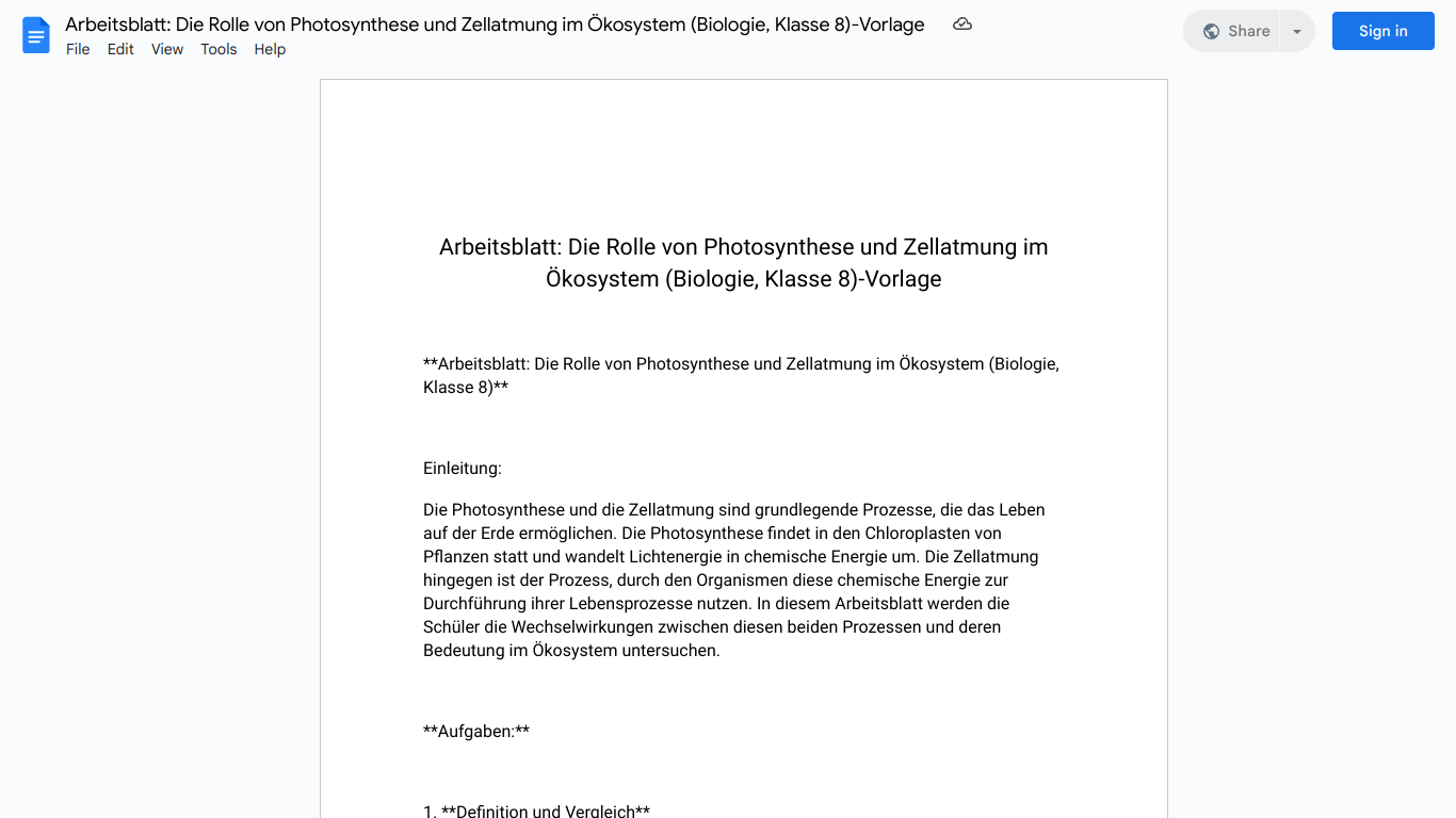 Arbeitsblatt: Die Rolle von Photosynthese und Zellatmung im Ökosystem (Biologie, Klasse 8)-Vorlage