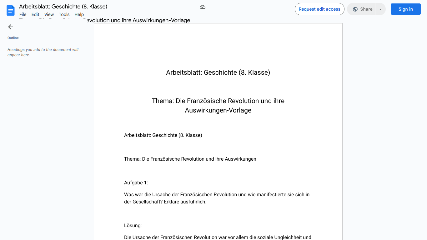 Arbeitsblatt: Geschichte (8. Klasse)

Thema: Die Französische Revolution und ihre Auswirkungen-Vorlage