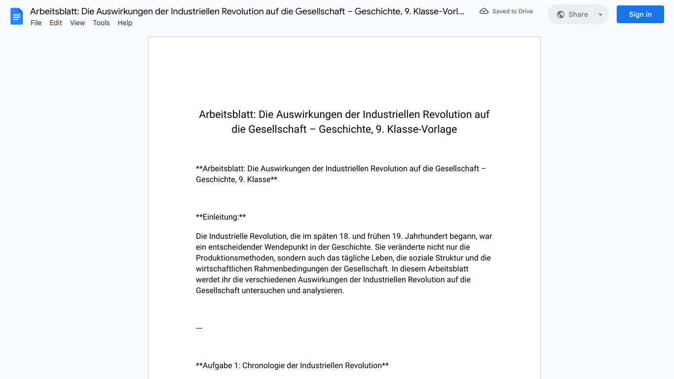 Arbeitsblatt: Die Auswirkungen der Industriellen Revolution auf die Gesellschaft – Geschichte, 9. Klasse-Vorlage