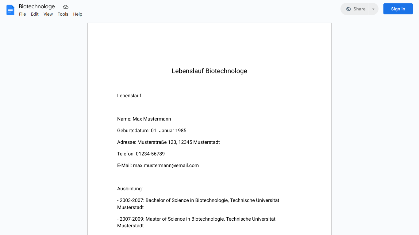 Lebenslauf-Biotechnologe