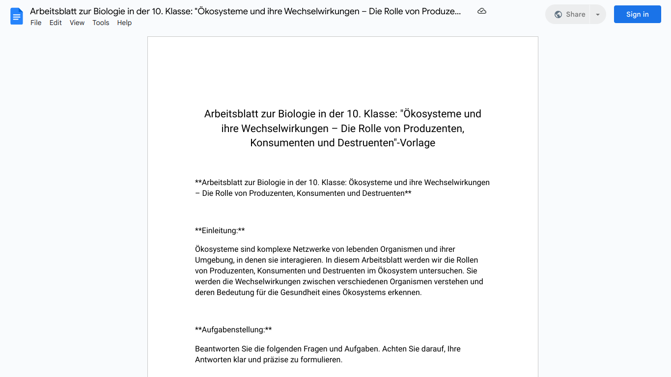 Arbeitsblatt zur Biologie in der 10. Klasse: "Ökosysteme und ihre Wechselwirkungen – Die Rolle von Produzenten, Konsumenten und Destruenten"-Vorlage