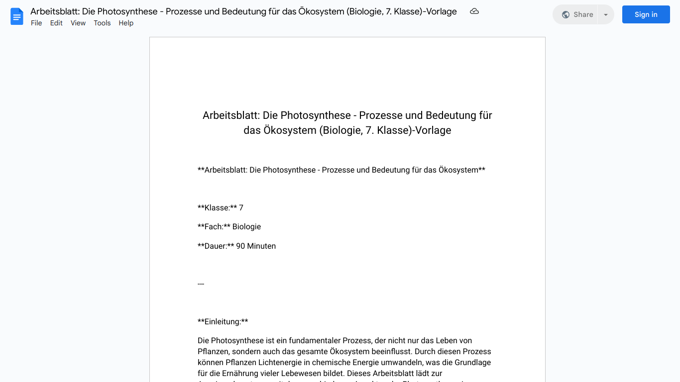 Arbeitsblatt: Die Photosynthese - Prozesse und Bedeutung für das Ökosystem (Biologie, 7. Klasse)-Vorlage