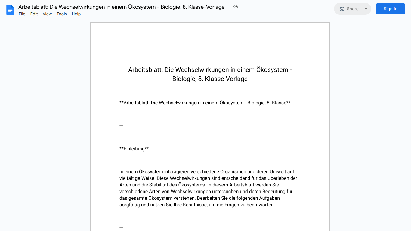 Arbeitsblatt: Die Wechselwirkungen in einem Ökosystem - Biologie, 8. Klasse-Vorlage