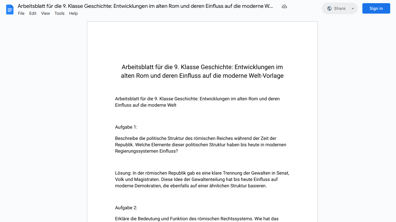 Arbeitsblatt für die 9. Klasse Geschichte: Entwicklungen im alten Rom und deren Einfluss auf die moderne Welt-Vorlage