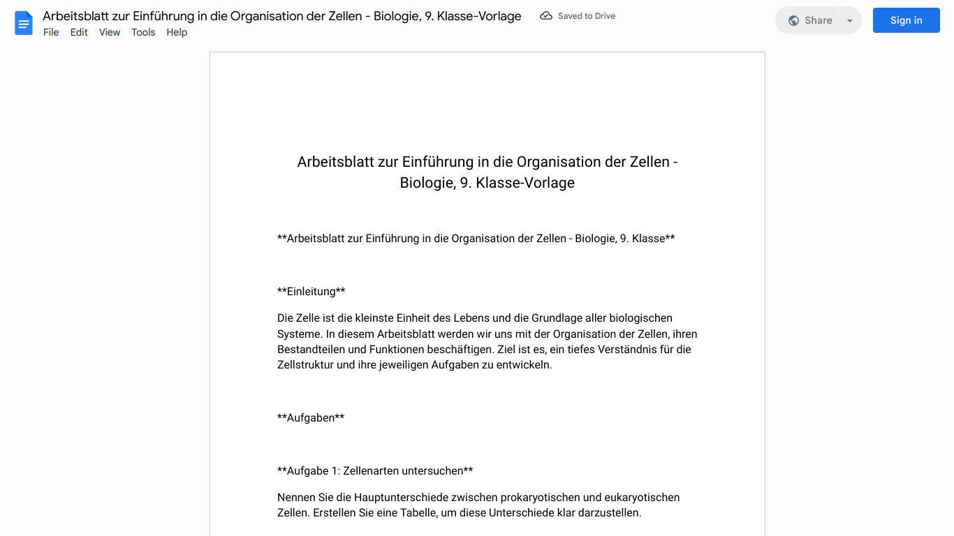 Arbeitsblatt zur Einführung in die Organisation der Zellen - Biologie, 9. Klasse-Vorlage