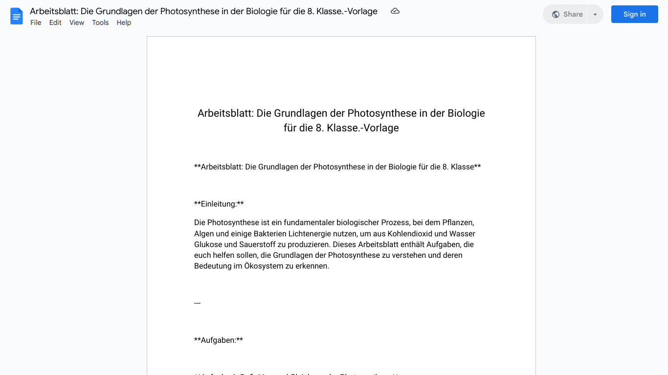 Arbeitsblatt: Die Grundlagen der Photosynthese in der Biologie für die 8. Klasse.-Vorlage