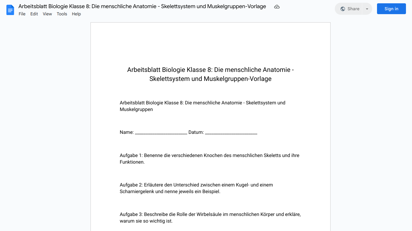 Arbeitsblatt Biologie Klasse 8: Die menschliche Anatomie - Skelettsystem und Muskelgruppen-Vorlage