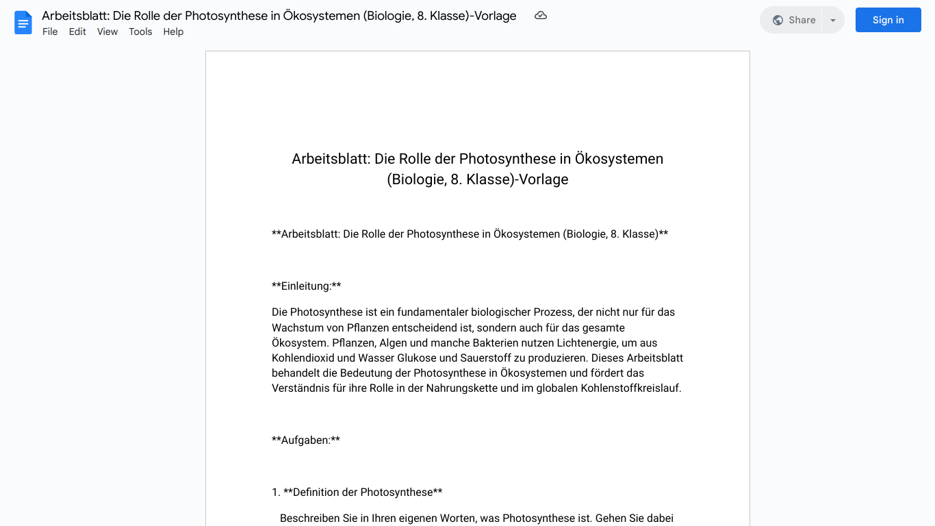 Arbeitsblatt: Die Rolle der Photosynthese in Ökosystemen (Biologie, 8. Klasse)-Vorlage