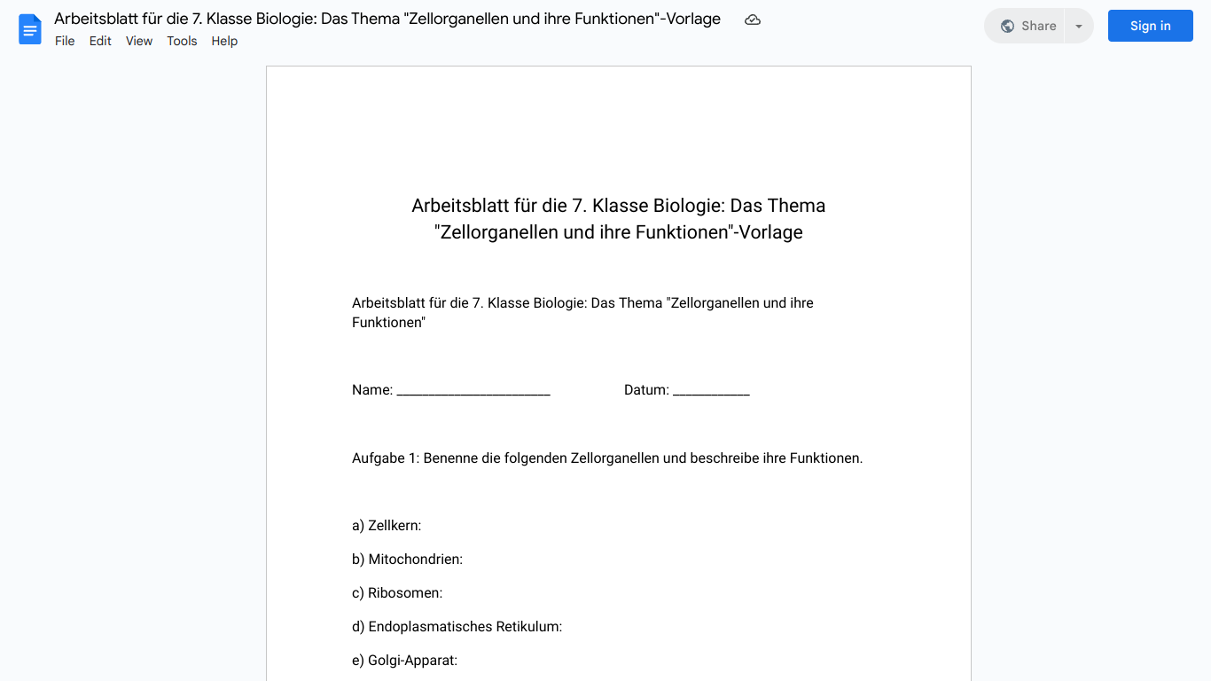 Arbeitsblatt für die 7. Klasse Biologie: Das Thema "Zellorganellen und ihre Funktionen"-Vorlage