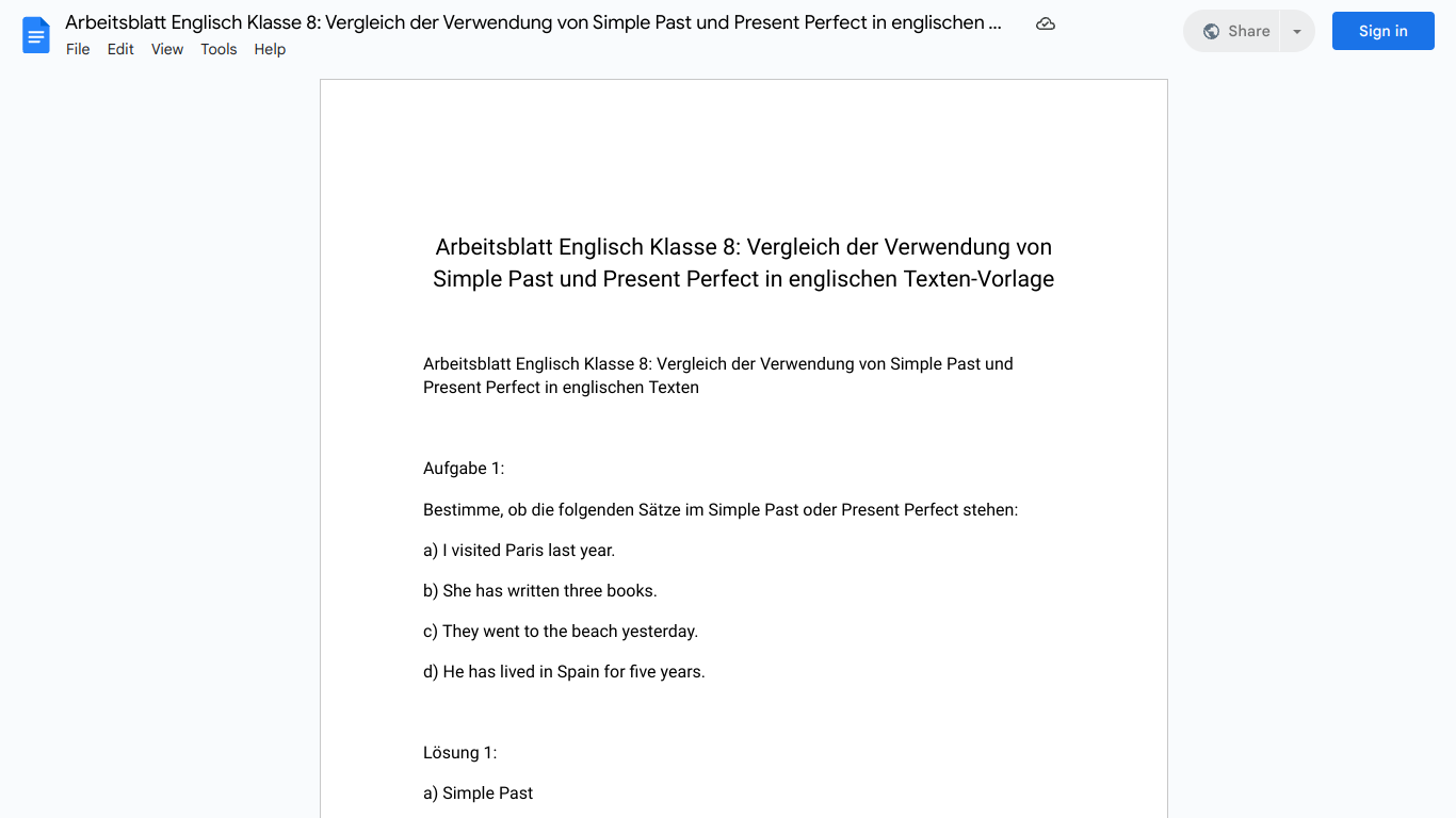 Arbeitsblatt Englisch Klasse 8: Vergleich der Verwendung von Simple Past und Present Perfect in englischen Texten-Vorlage