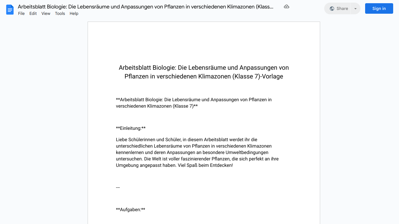 Arbeitsblatt Biologie: Die Lebensräume und Anpassungen von Pflanzen in verschiedenen Klimazonen (Klasse 7)-Vorlage