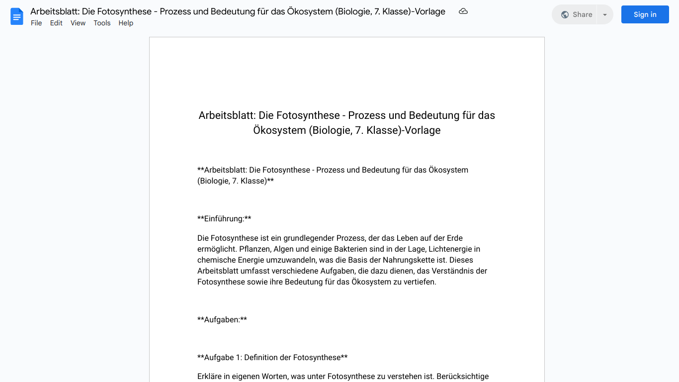 Arbeitsblatt: Die Fotosynthese - Prozess und Bedeutung für das Ökosystem (Biologie, 7. Klasse)-Vorlage