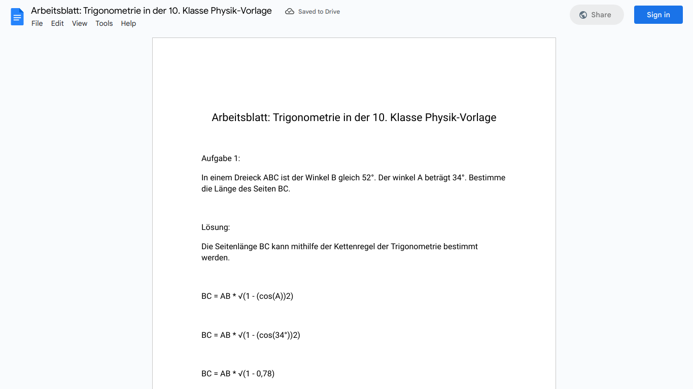 Arbeitsblatt: Trigonometrie in der 10. Klasse Physik-Vorlage