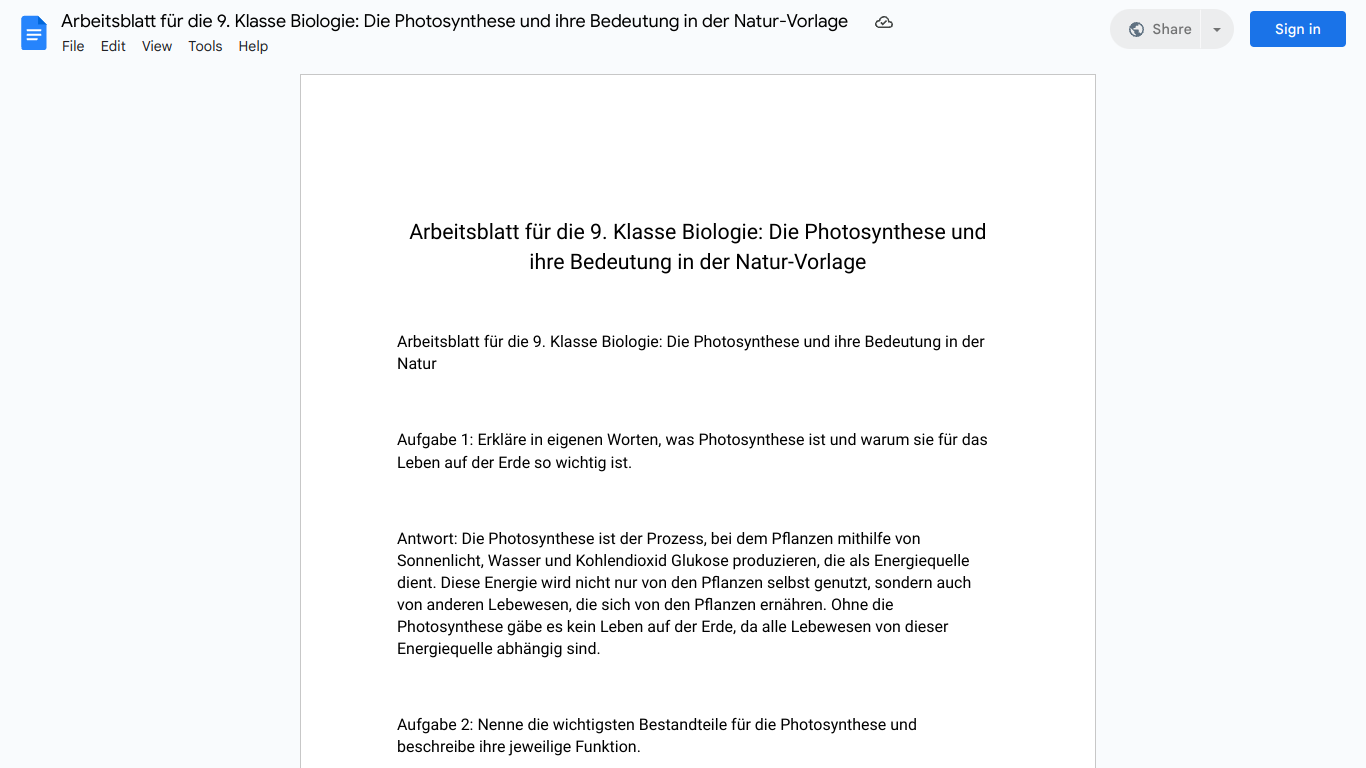 Arbeitsblatt für die 9. Klasse Biologie: Die Photosynthese und ihre Bedeutung in der Natur-Vorlage