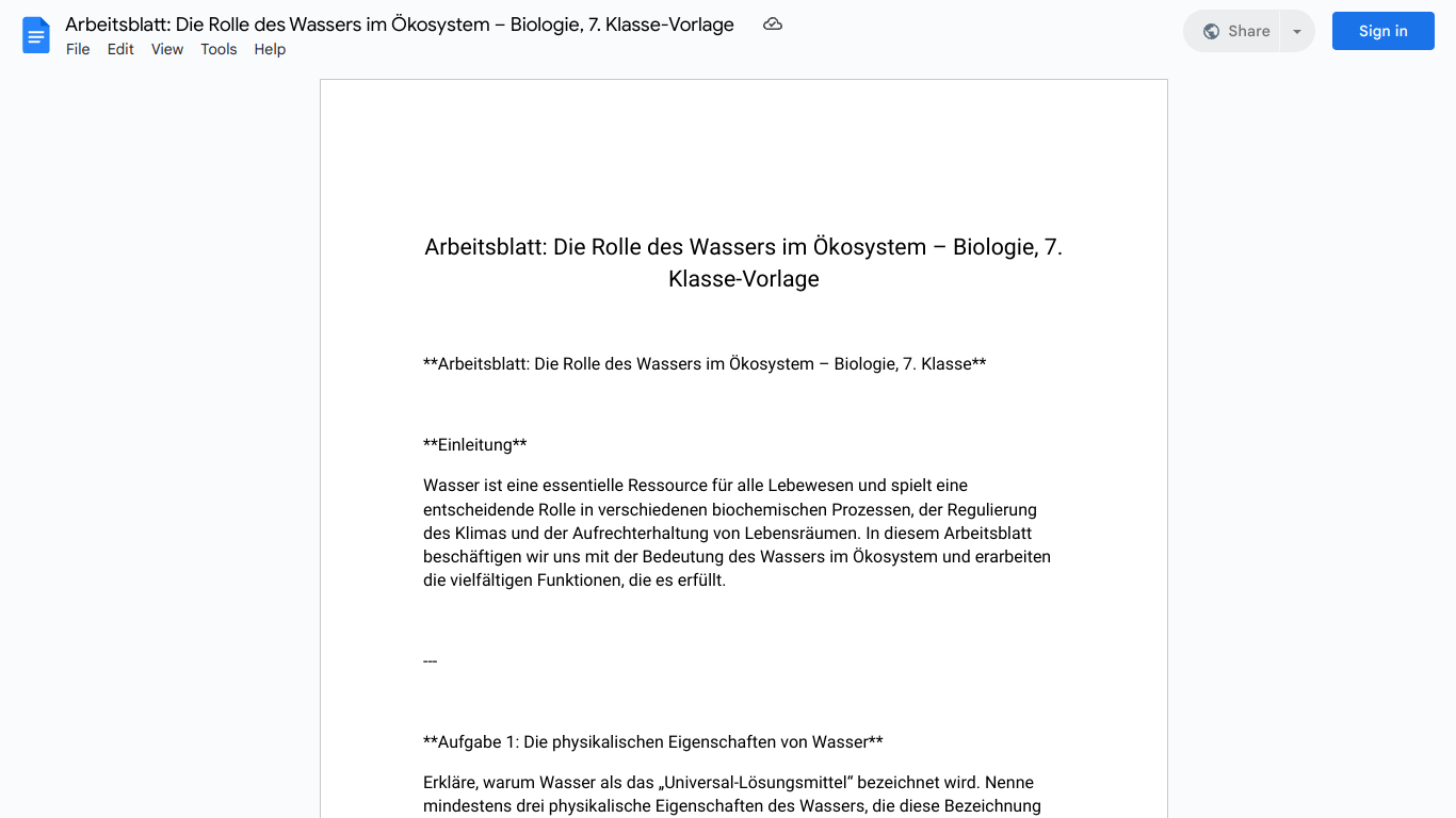 Arbeitsblatt: Die Rolle des Wassers im Ökosystem – Biologie, 7. Klasse-Vorlage