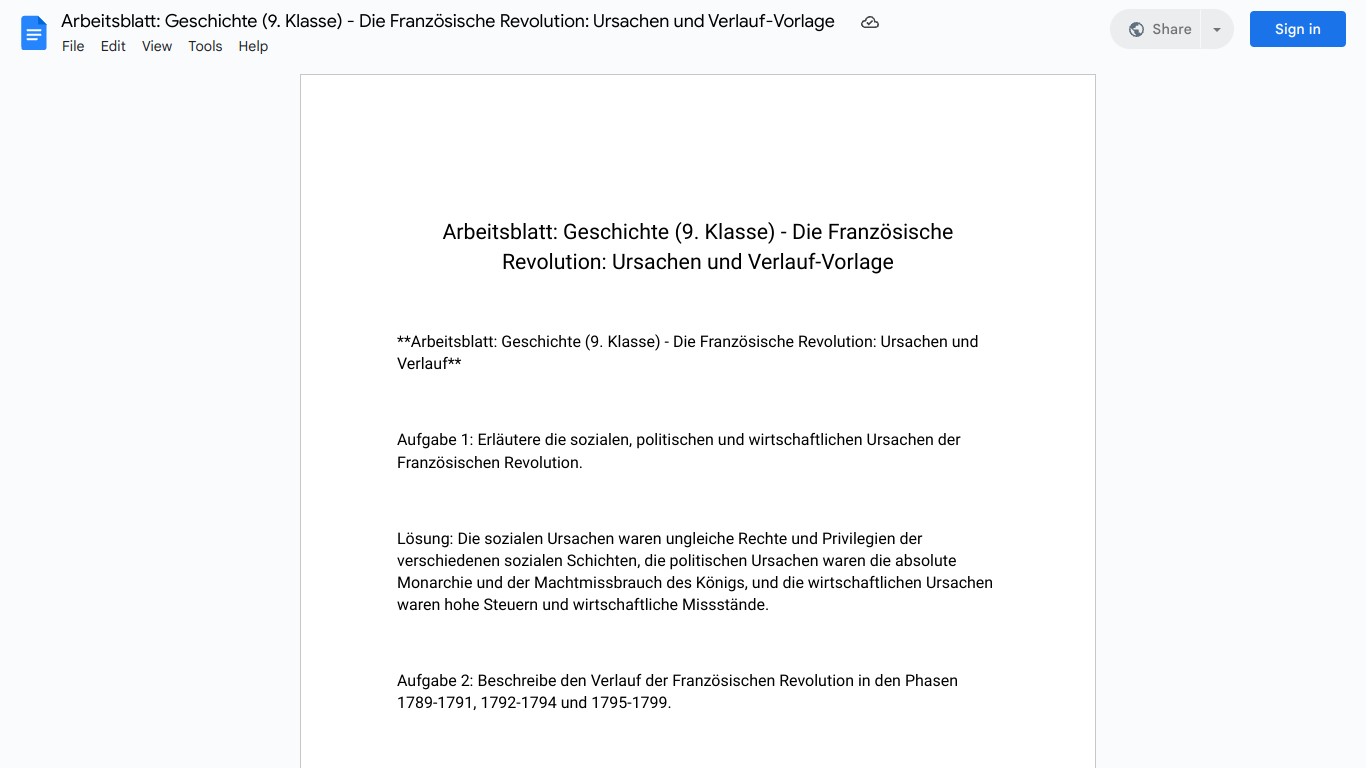 Arbeitsblatt: Geschichte (9. Klasse) - Die Französische Revolution: Ursachen und Verlauf-Vorlage