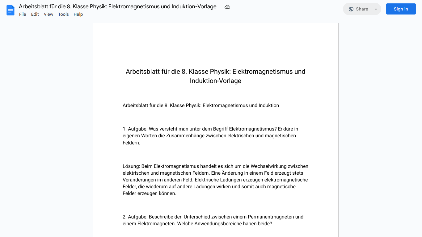 Arbeitsblatt für die 8. Klasse Physik: Elektromagnetismus und Induktion-Vorlage