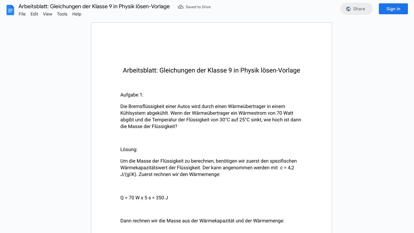 Arbeitsblatt: Gleichungen der Klasse 9 in Physik lösen-Vorlage