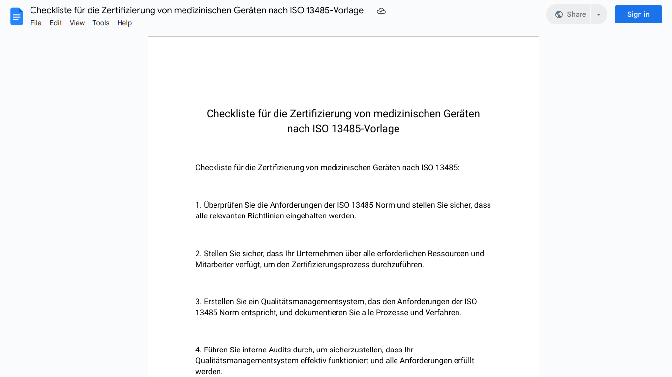 Checkliste für die Zertifizierung von medizinischen Geräten nach ISO 1 ...