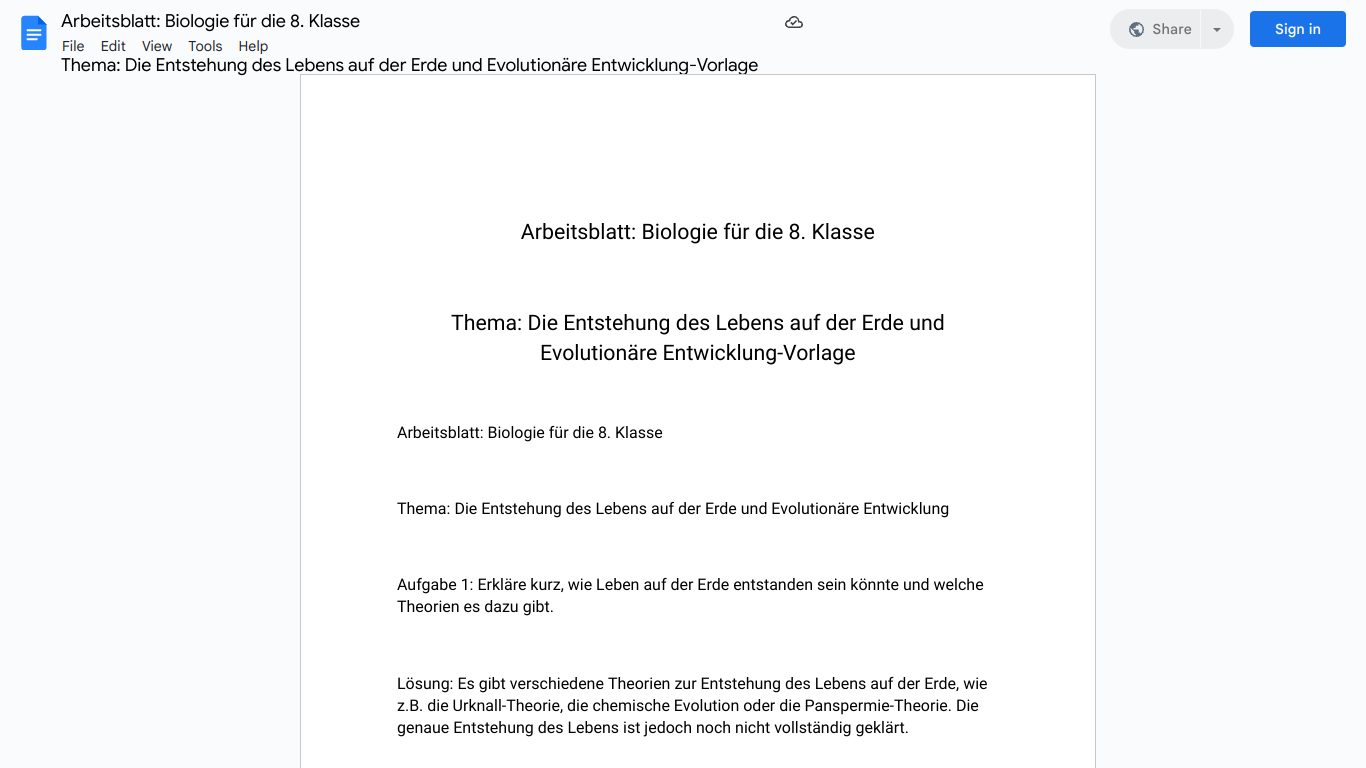 Arbeitsblatt: Biologie für die 8. Klasse

Thema: Die Entstehung des Lebens auf der Erde und Evolutionäre Entwicklung-Vorlage