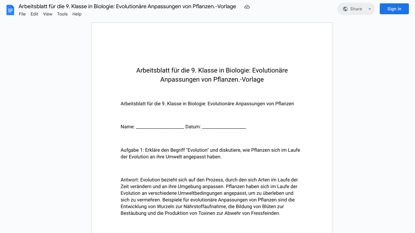 Arbeitsblatt für die 9. Klasse in Biologie: Evolutionäre Anpassungen von Pflanzen.-Vorlage