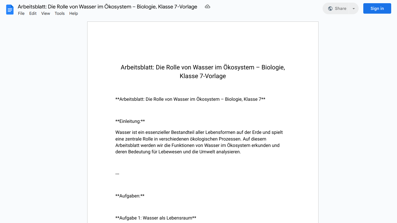 Arbeitsblatt: Die Rolle von Wasser im Ökosystem – Biologie, Klasse 7-Vorlage