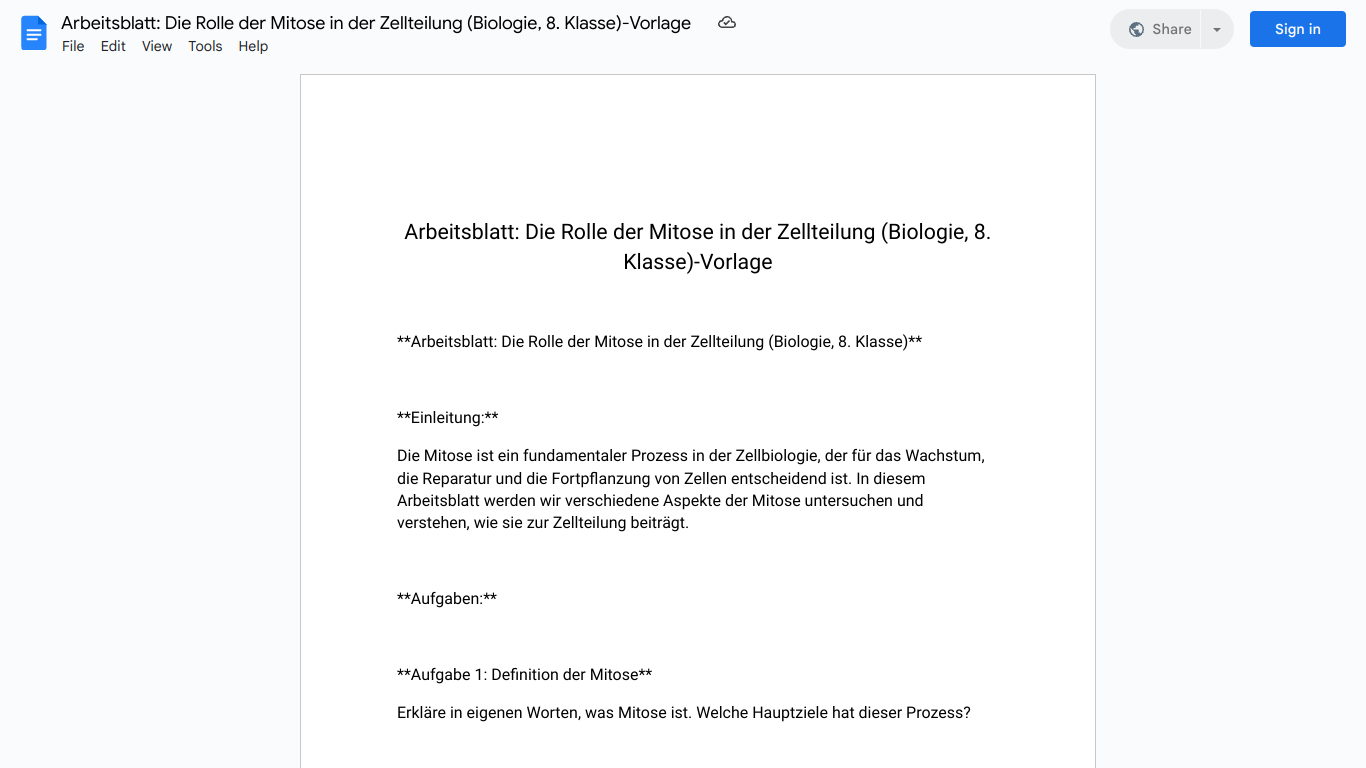 Arbeitsblatt: Die Rolle der Mitose in der Zellteilung (Biologie, 8. Klasse)-Vorlage