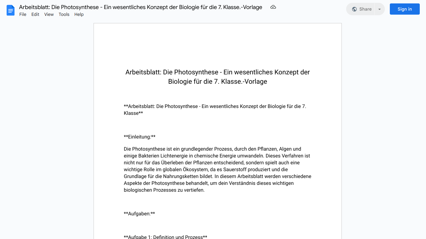 Arbeitsblatt: Die Photosynthese - Ein wesentliches Konzept der Biologie für die 7. Klasse.-Vorlage