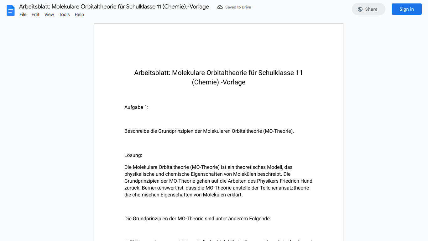 Arbeitsblatt: Molekulare Orbitaltheorie für Schulklasse 11 (Chemie).-Vorlage