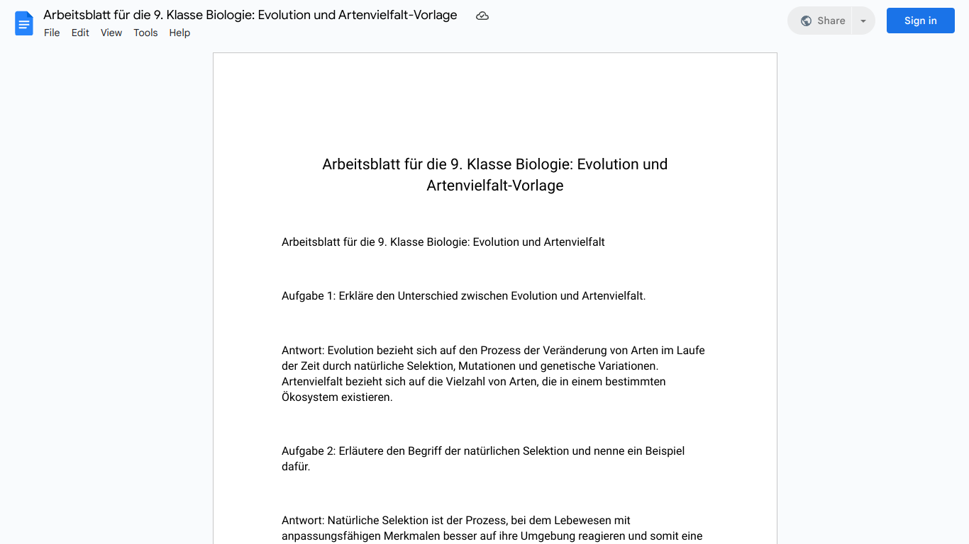 Arbeitsblatt für die 9. Klasse Biologie: Evolution und Artenvielfalt-Vorlage