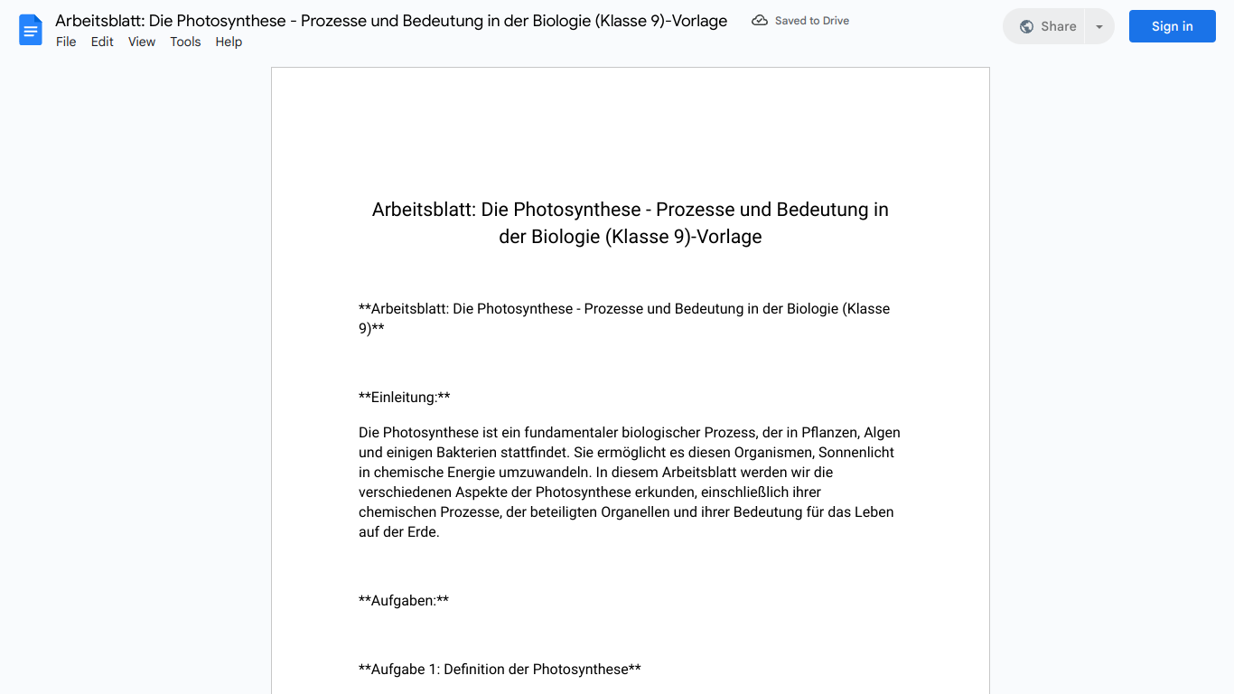 Arbeitsblatt: Die Photosynthese - Prozesse und Bedeutung in der Biologie (Klasse 9)-Vorlage