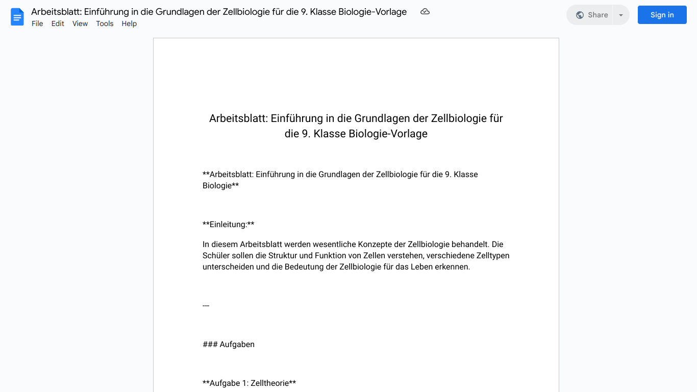 Arbeitsblatt: Einführung in die Grundlagen der Zellbiologie für die 9. Klasse Biologie-Vorlage