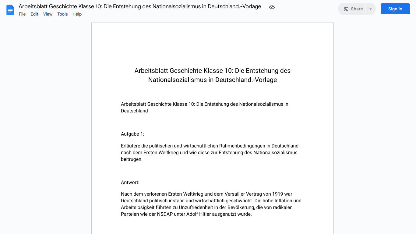 Arbeitsblatt Geschichte Klasse 10: Die Entstehung des Nationalsozialismus in Deutschland.-Vorlage