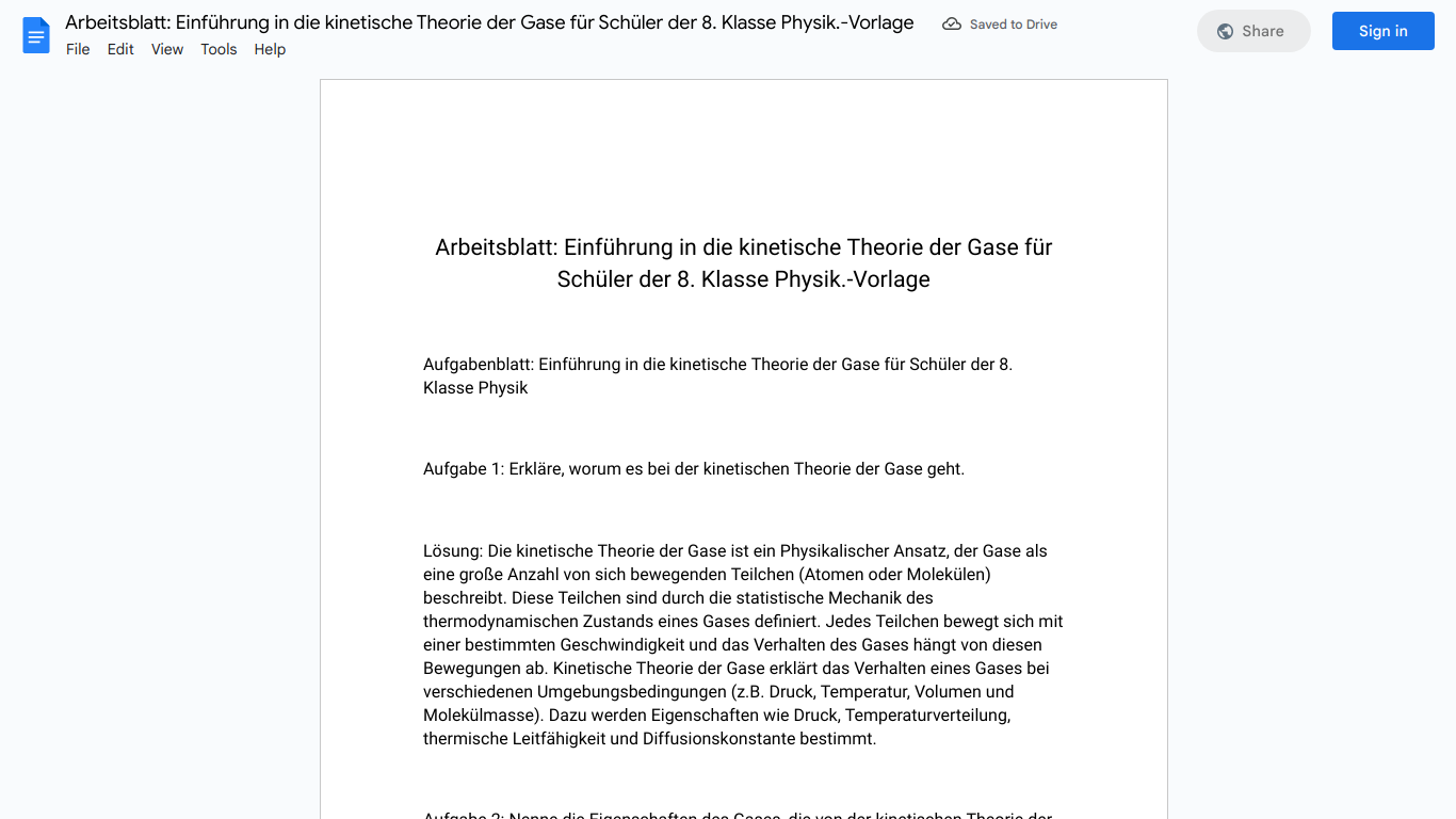 Arbeitsblatt: Einführung in die kinetische Theorie der Gase für Schüler der 8. Klasse Physik.-Vorlage